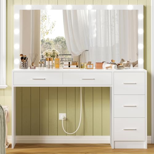 Vanity Desk with Lighted Mirror, 7 Drawers, 3 Lighting Colors, White X572