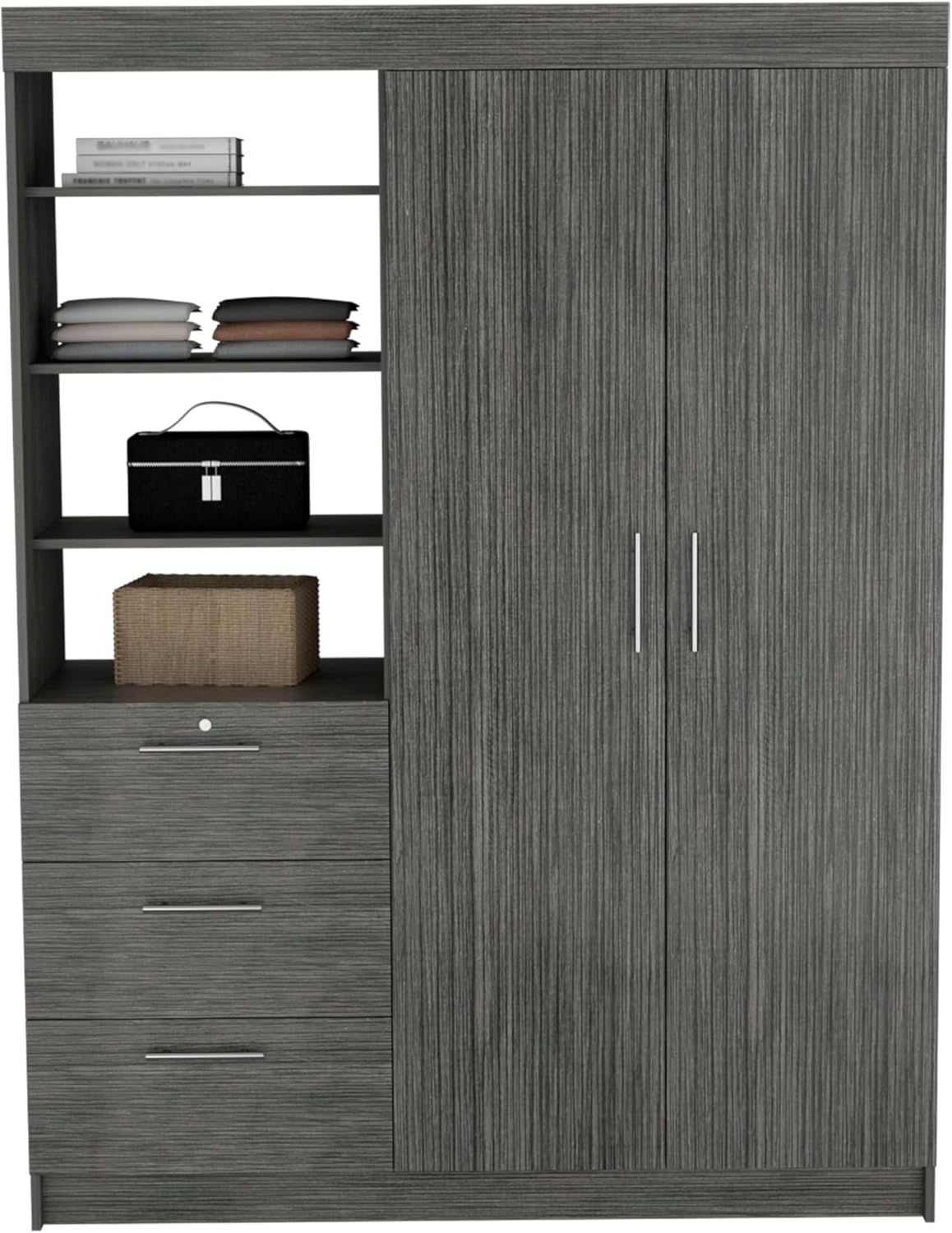Wooden Wardrobe with 2 Doors, 3 Drawers, Shelves and Hanging Rod L67527