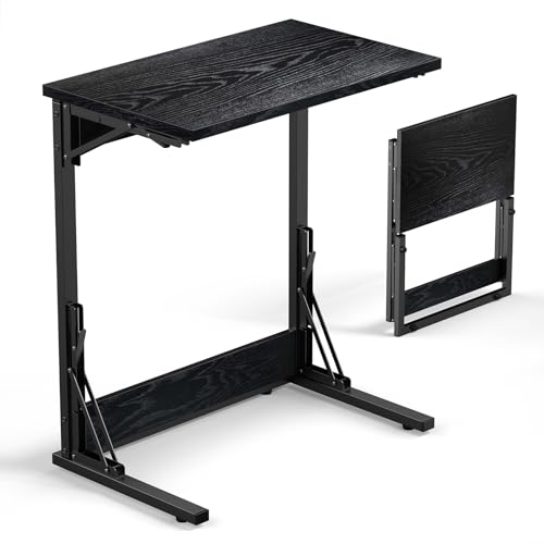 24" Folding C Shaped End Table, Small Sofa Side Laptop Desk, Couch TV Tray Table for Living Room, Bedroom, Dark Black