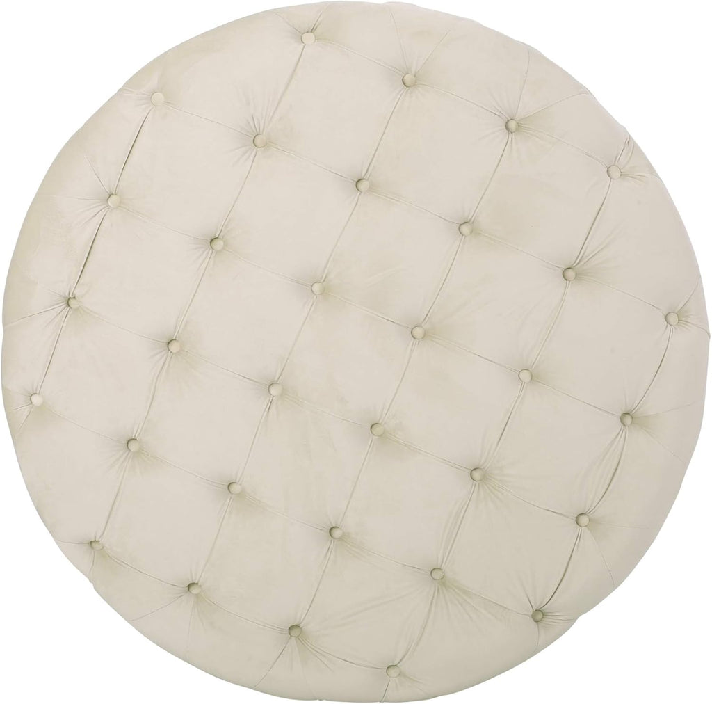 Round Tufted Velvet Ottoman, Beige Z192983