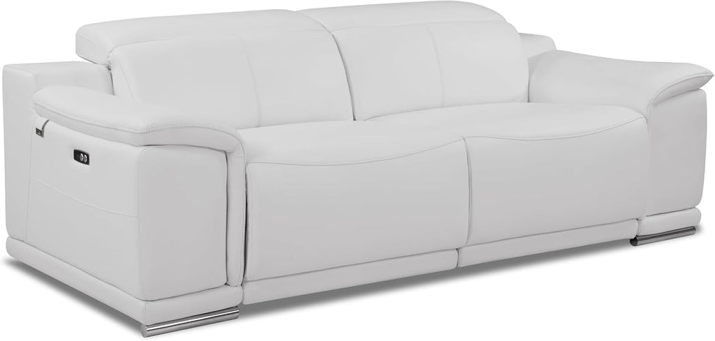 Global United 87 Inch Genuine Italian Leather Power Reclining Sofa, Top Grain Leather, Kiln-Dried Hardwood Frame, Stainless Steel Chrome Legs, White