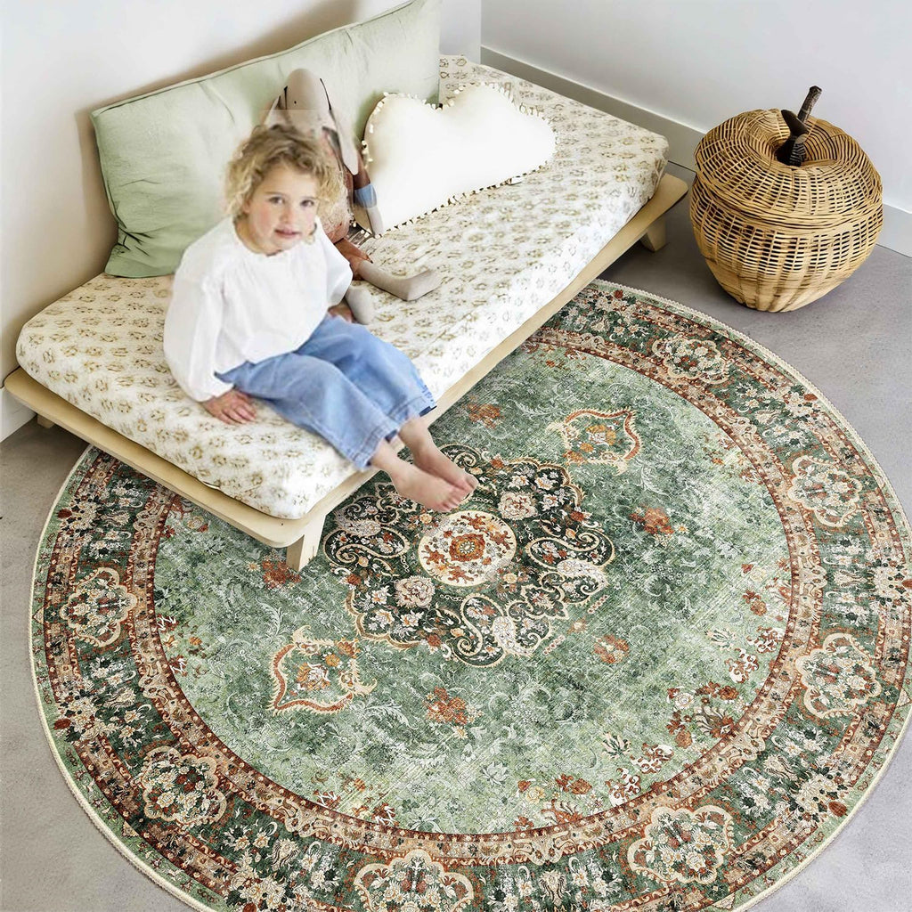 Sage Green Round Rug 6ft Washable Non Slip Circle Carpet M6739
