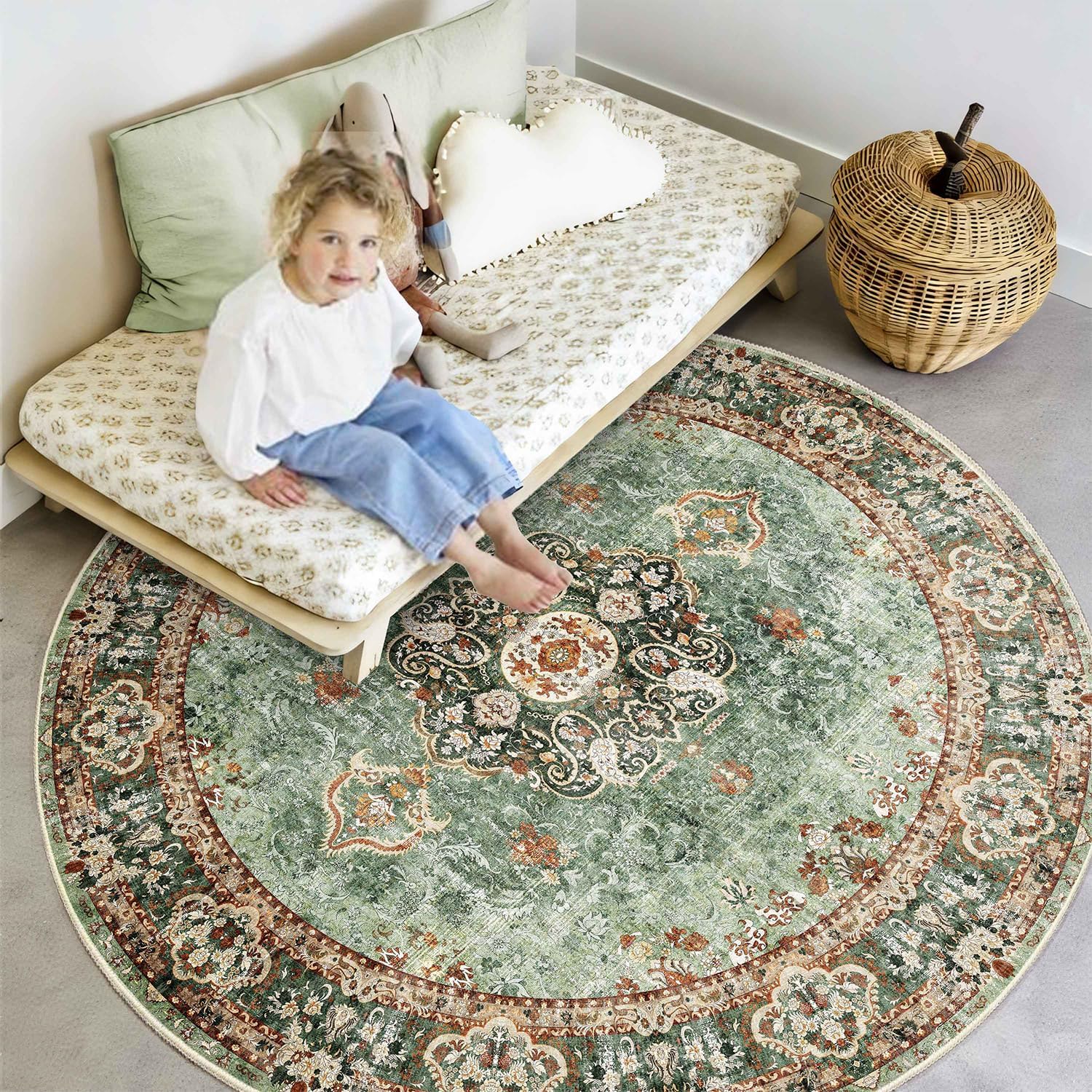 Sage Green Round Rug 6ft Washable Non Slip Circle Carpet M6739