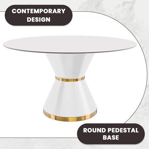 Modern Dining Table with Round Glass or Sintered Stone Top, White Steel, Seats 6-10, 60" Wide, Black G857478