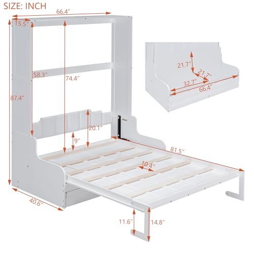Murphy Bed with Wardrobe, Foldable Wooden Bed Frame with Drawers and Shelves V440