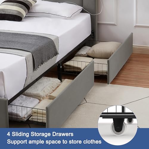 Queen Size Bed Frame with 4 Storage Drawers, Upholstered Platform Bed with Velvet Headboard and Charging Station, Beige P5623