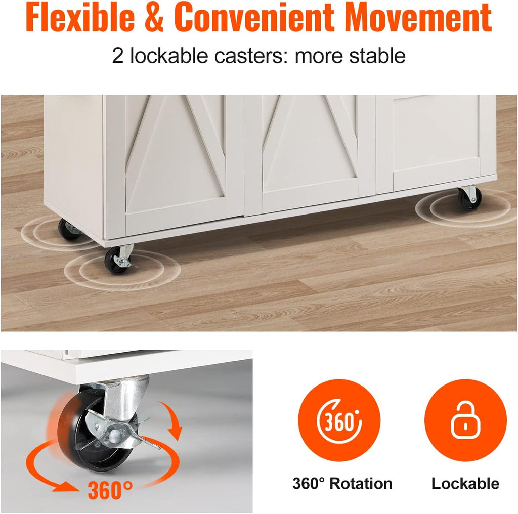 Kitchen Island Cart with Solid Wood Top, Rolling Storage Cabinet, White F7036