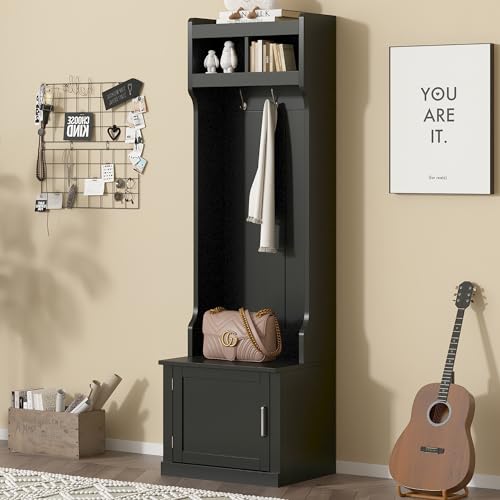 Narrow Hall Tree with Shoe Storage Bench, Mudroom Storage Cabinet with 6 Hanging Hooks, Wooden Storage Bench with Coat Rack, Foyer Cabinet for Hallway, Living room, White