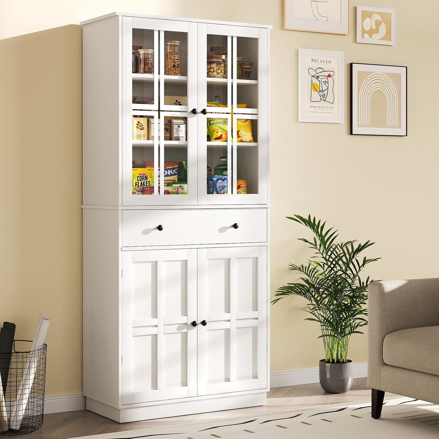 Tall Pantry Cabinet with Glass Doors and Drawer, Freestanding Storage Cupboard, White T455479