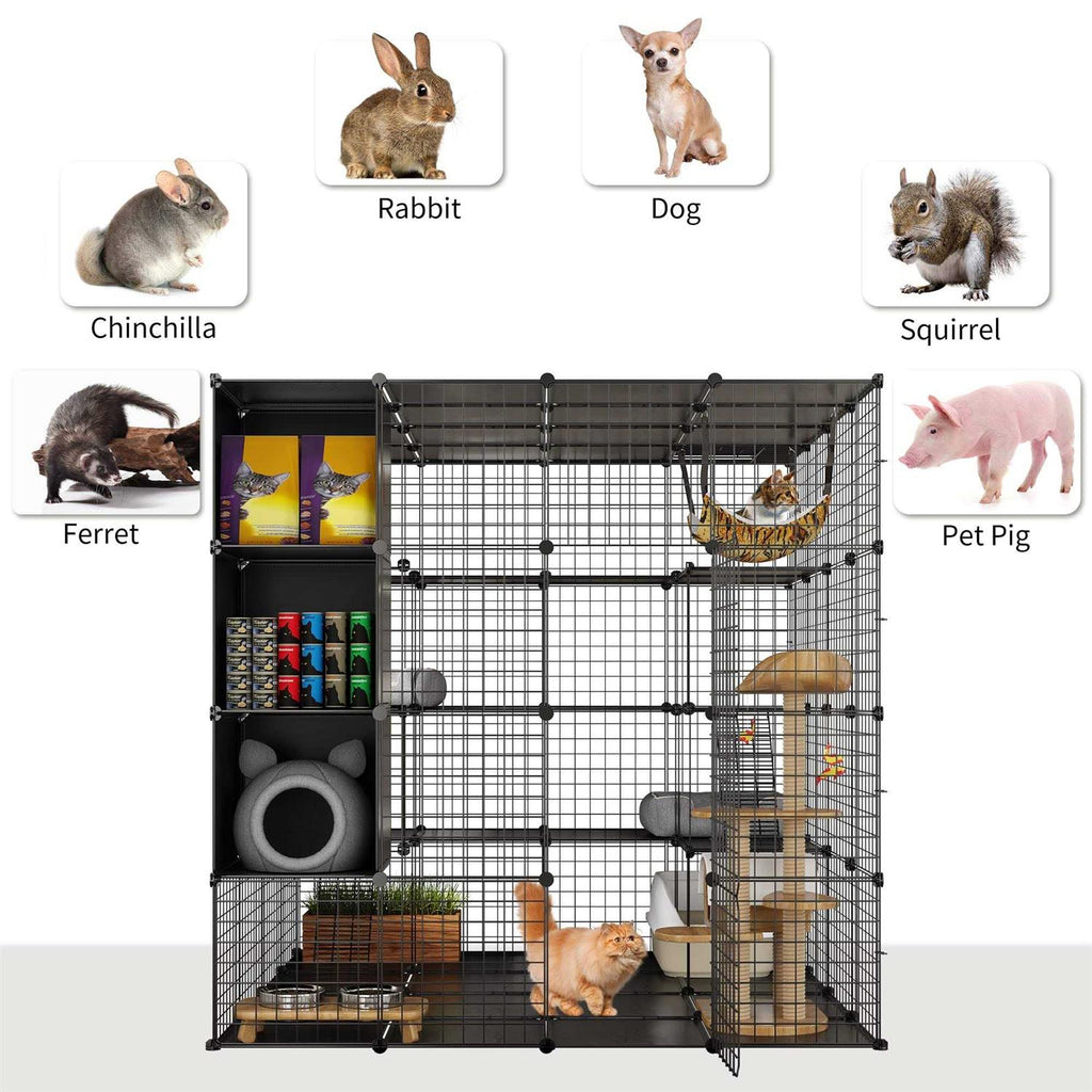 Cat Cage Indoor Large with Storage Cube DIY Catio Cat Enclosures Metal Cat Playpen with Hammock S7333