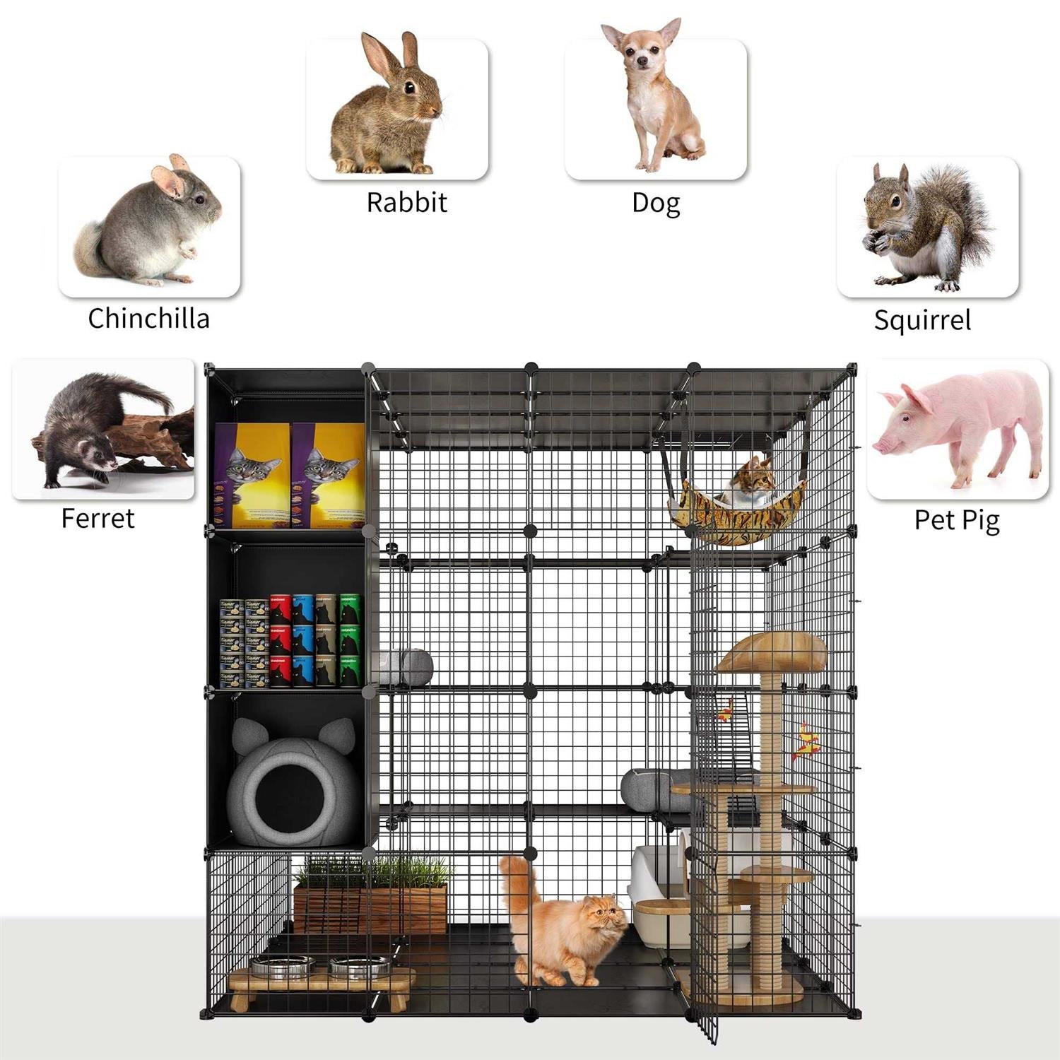 Cat Cage Indoor Large with Storage Cube DIY Catio Cat Enclosures Metal Cat Playpen with Hammock S7333