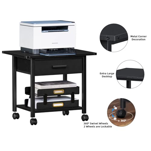 Under Desk Rolling Printer Stand with Drawer, 2-Tier Mobile Printer Table with Storage Shelf and Lockable Wheels, Black X985309