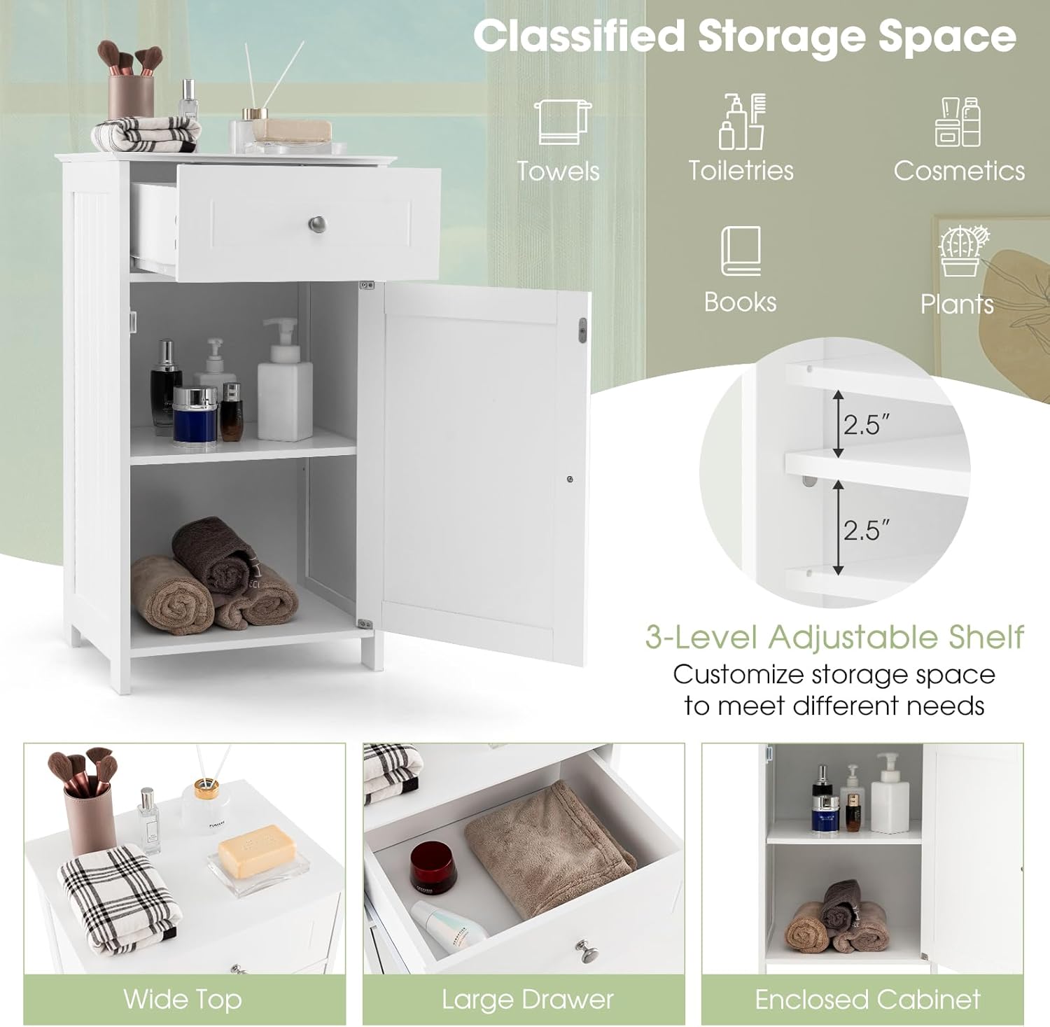 Narrow Bathroom Storage Cabinet, Wooden Freestanding with Drawer, 3-Level Adjustable Shelf H2991