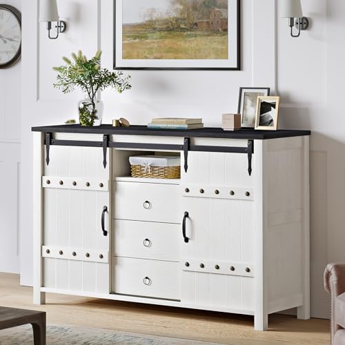 REAHOME Farmhouse Dresser for Bedroom Wood Dresser 48" Wide Modern Chest of Drawers with 3 Drawers & 2 Sliding Barn Doors Rustic Dresser TV Stand for Bedroom, Living Room, Kitchen - Rustic Brown