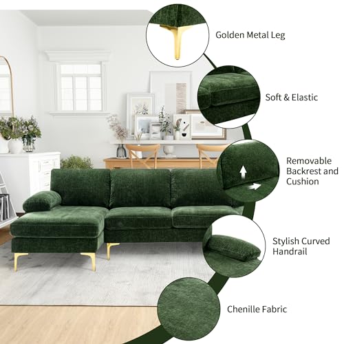 U-Shaped Sectional Couch for Living Room, 110 in Chenille 4 Seater with Double Chaises and Metal Legs T71007