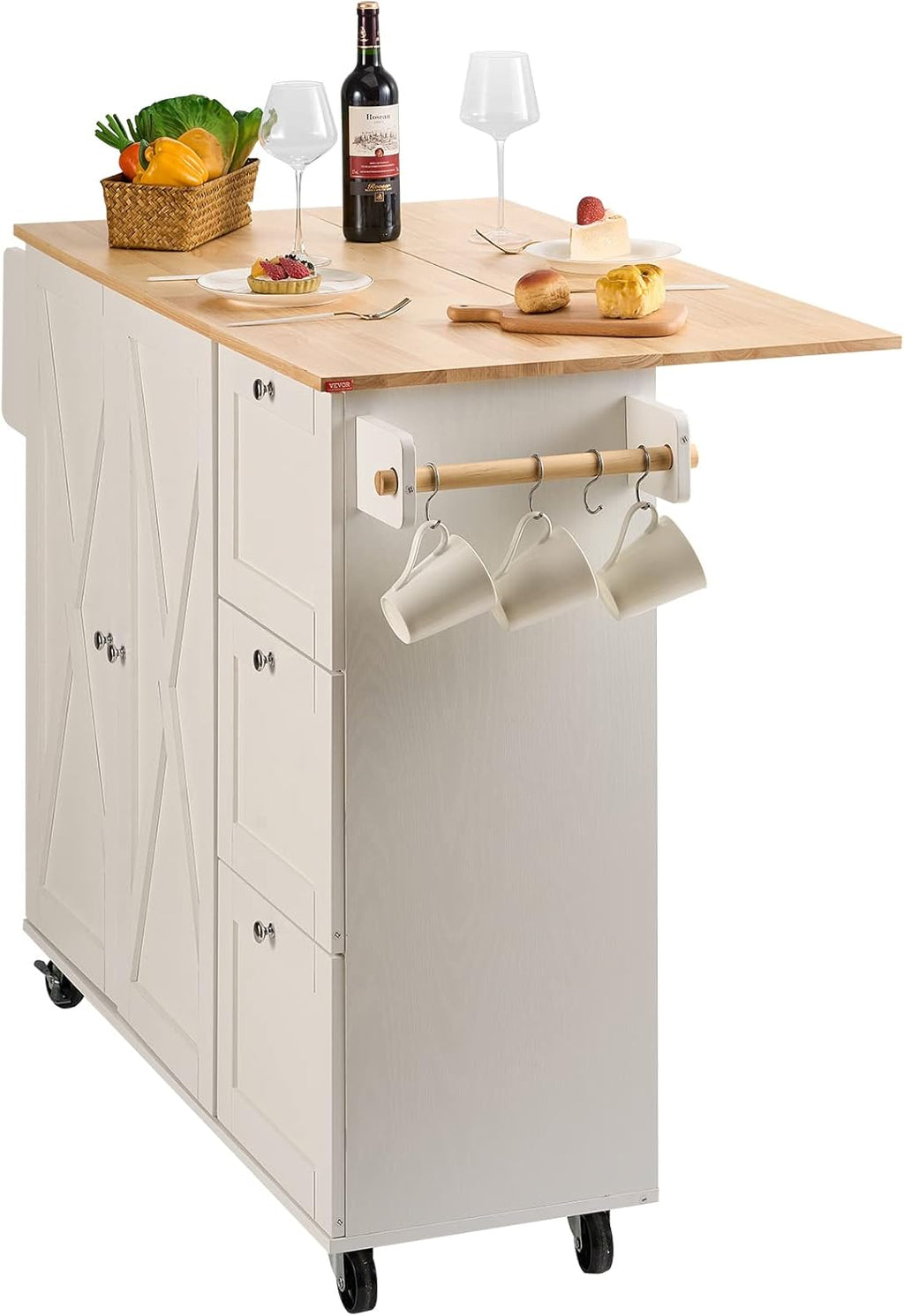 Kitchen Island Cart with Solid Wood Top, Rolling Storage Cabinet, White F7036