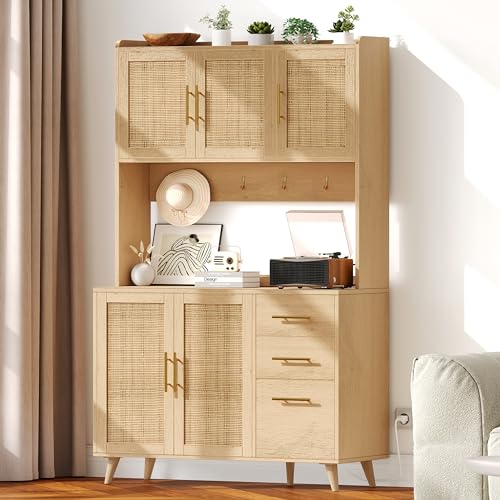 70.9" Kitchen Pantry Cabinet with Microwave Shelf, Rattan Hutch with Charging Station, Tall Floor Cupboard with Drawers and Doors, Black and Natural E348