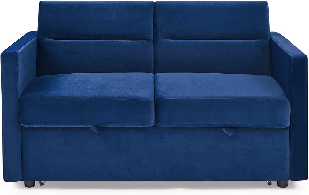 3 in 1 Multi-Functional Futon Couch Pull Out Sleep, 2 Seater Convertible Loveseats Sofa with Adjustable Backrest,Comfy Upholstery Sofacama Sofabed, Blue Velvet w/Side Pockets