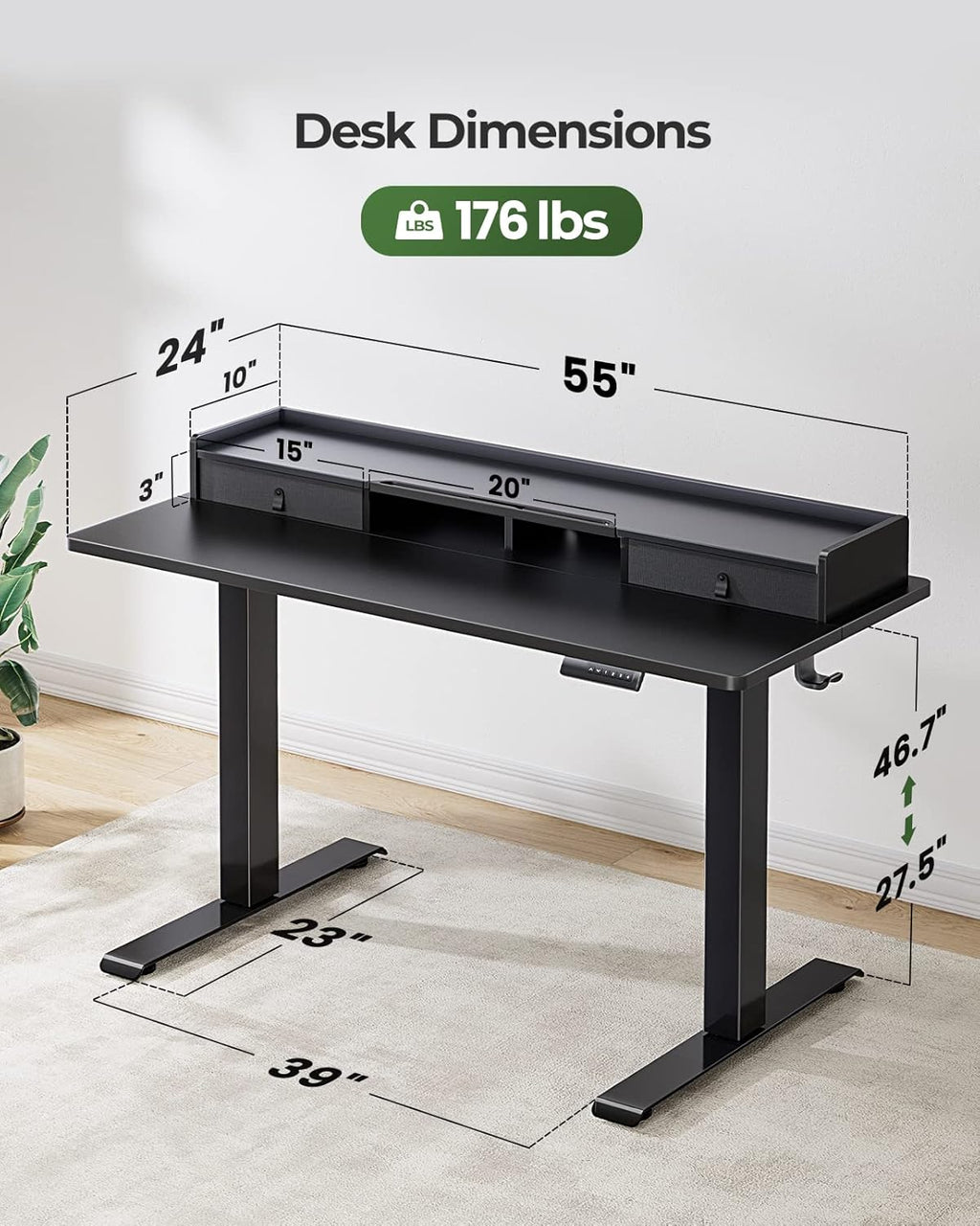 Electric Standing Desk with Dual Drawers, Height Adjustable, Home Office, Black G6862