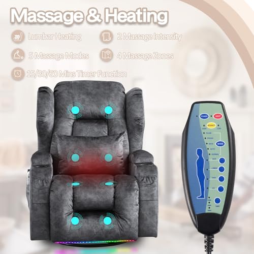 Swivel Recliner Chair with Massage & Heat, USB Port, Grey H61631