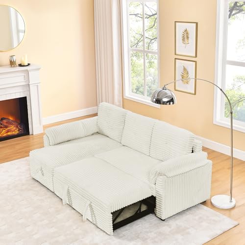Corduroy Tufted Sleeper Sectional Sofa with Storage Chaise C37287