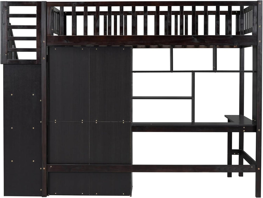 Twin Size Loft Bed with Stairs, Desk, Bookshelf, Drawers and Wardrobe, Solid Wood Frame Q2518