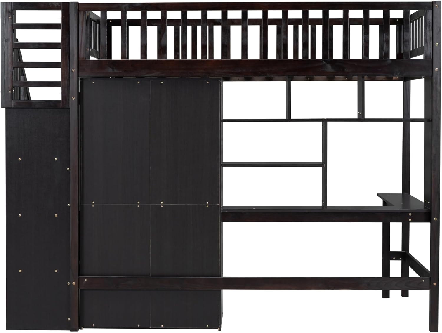 Twin Size Loft Bed with Stairs, Desk, Bookshelf, Drawers and Wardrobe, Solid Wood Frame Q2518
