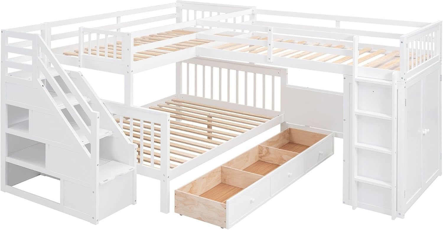 L-Shaped Bunk Bed with 3 Drawers Wardrobe and Desk I9342