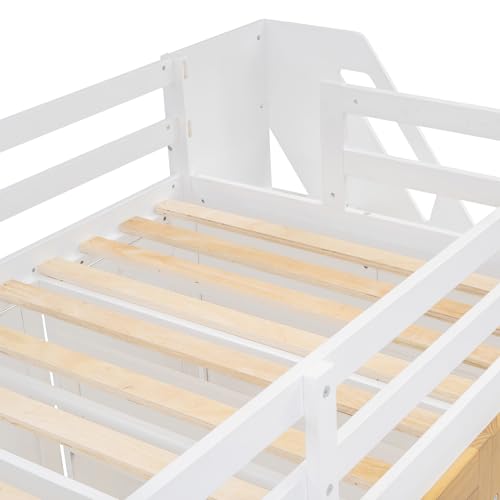 Twin Size Loft Bed with Two-Tone Stairs Storage and Full-Length Guardrails C8237