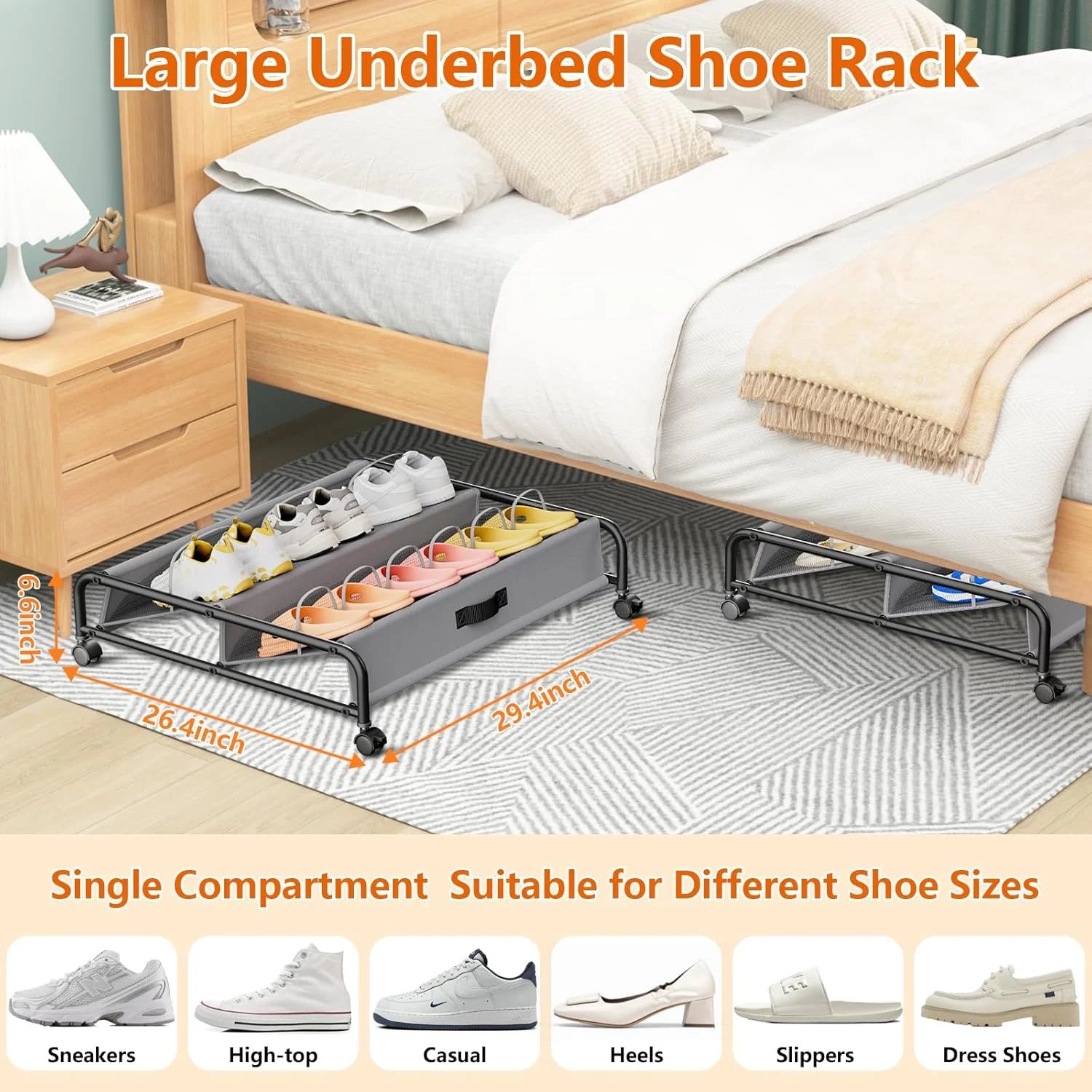 Rolling Under Bed Shoe Storage with Breathable Mesh Pockets, 2 Pack S158725