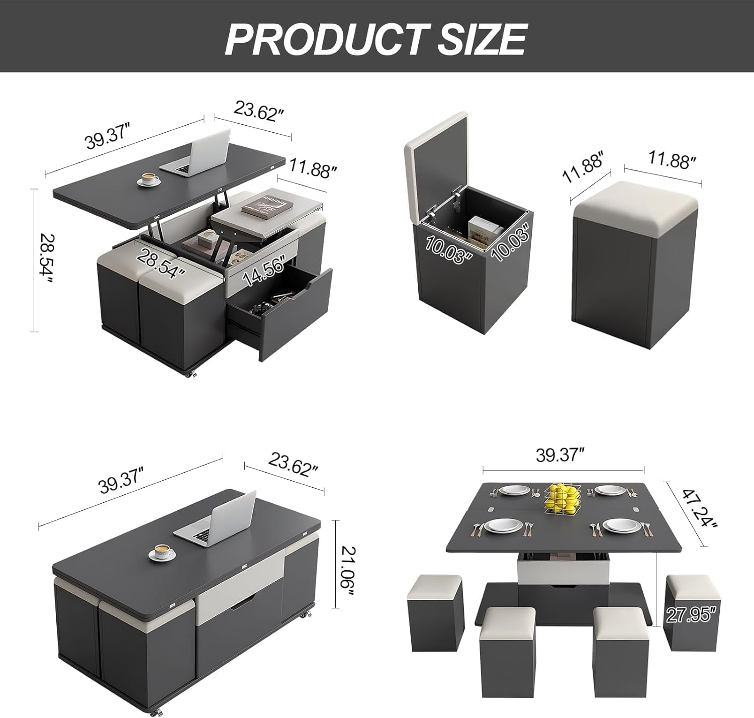 Lift Top Coffee Table, 3-in-1 Adjustable with Storage and Wheels E4192