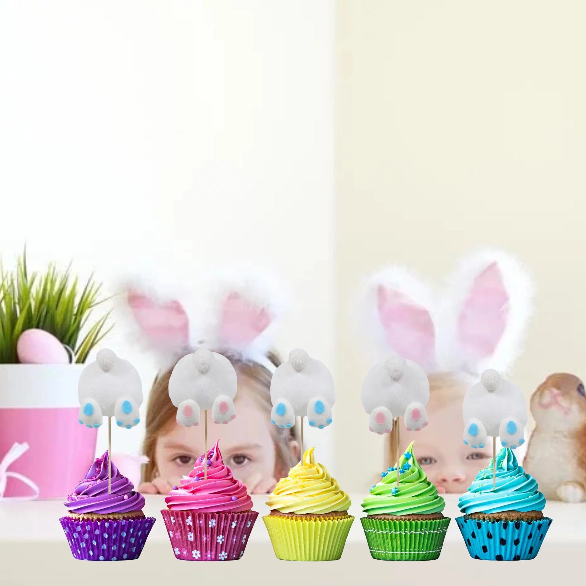Easter Bunny Tail Cupcake Toppers Cake Picks for Spring Party Table Decor 4pcs T2982
