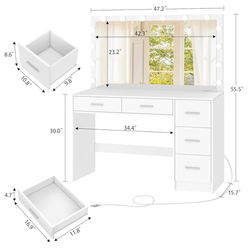 Vanity Desk with Lighted Mirror, 7 Drawers, 3 Lighting Colors, White X572