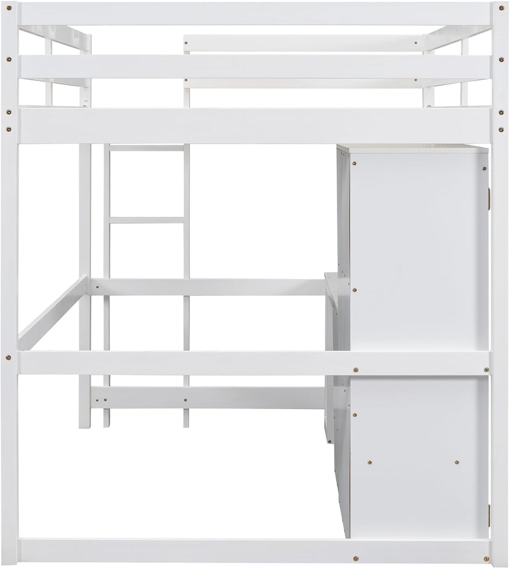 Loft Bed with Desk, Storage Drawers & Wardrobe for Kids, Solid Wood with Ladder and Safety Guardrails, White O62015