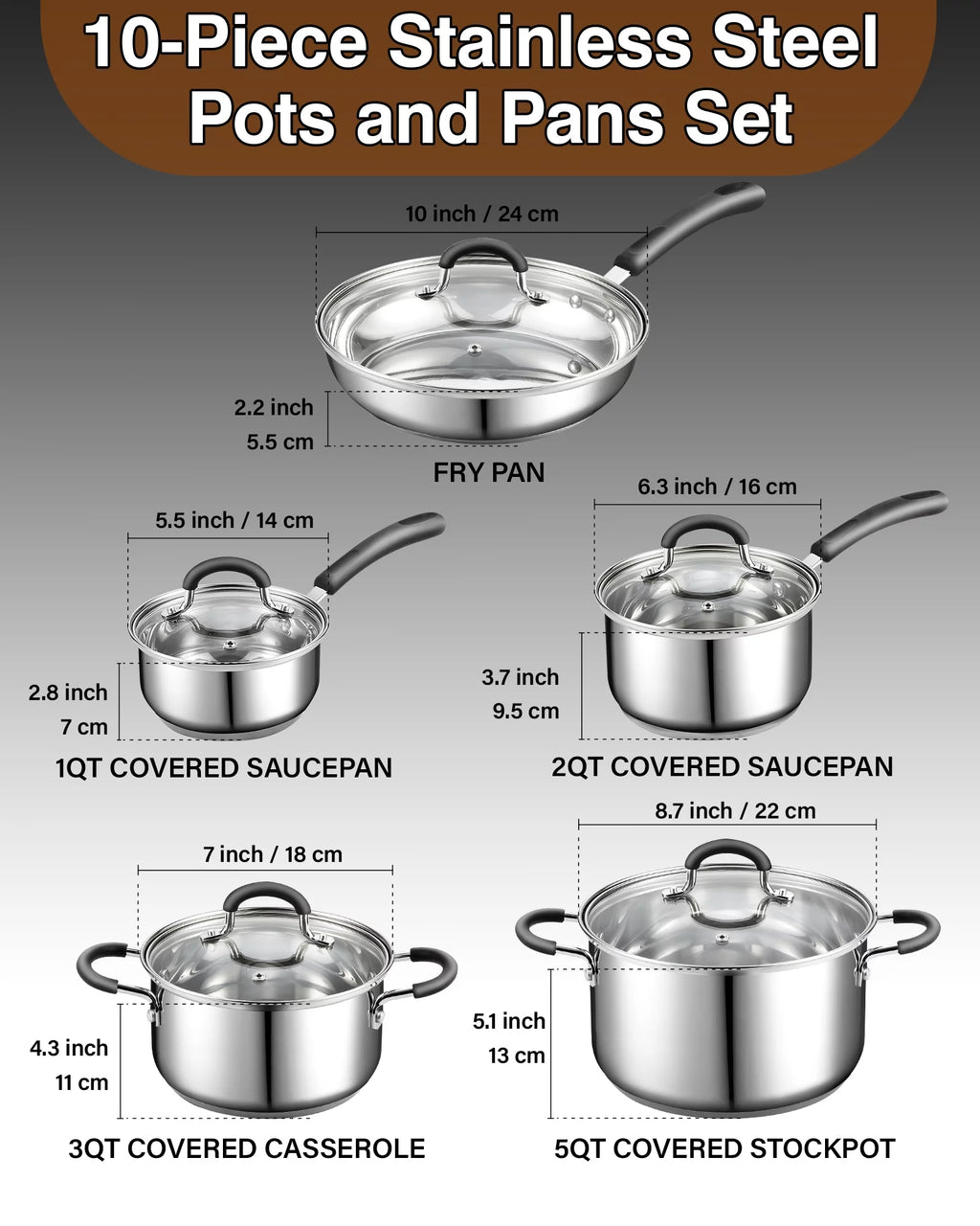 Stainless Steel Cookware Set 10-Piece, Pots and Pans with Stay-Cool Handles N687