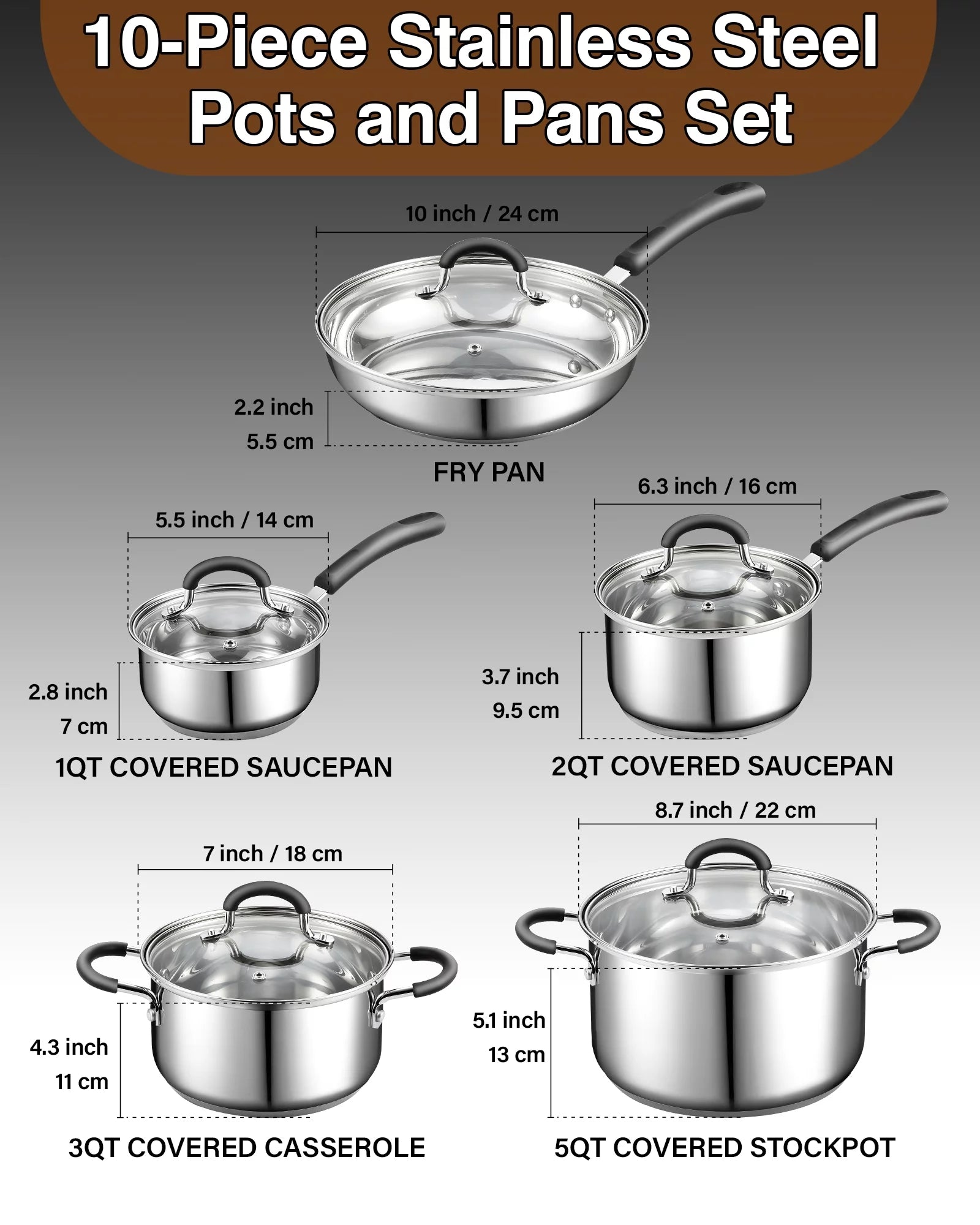 Stainless Steel Cookware Set 10-Piece, Pots and Pans with Stay-Cool Handles N687