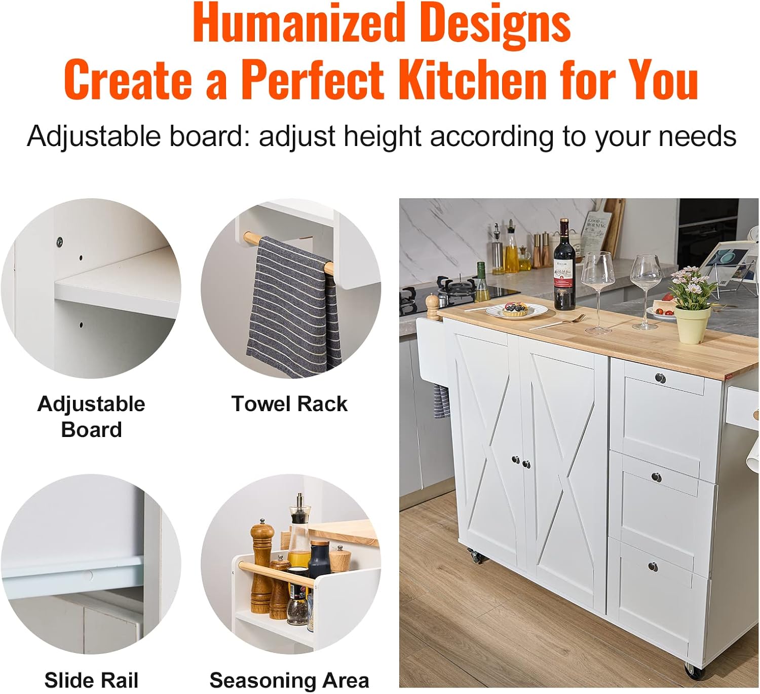 Kitchen Island Cart with Solid Wood Top, Rolling Storage Cabinet, White F7036