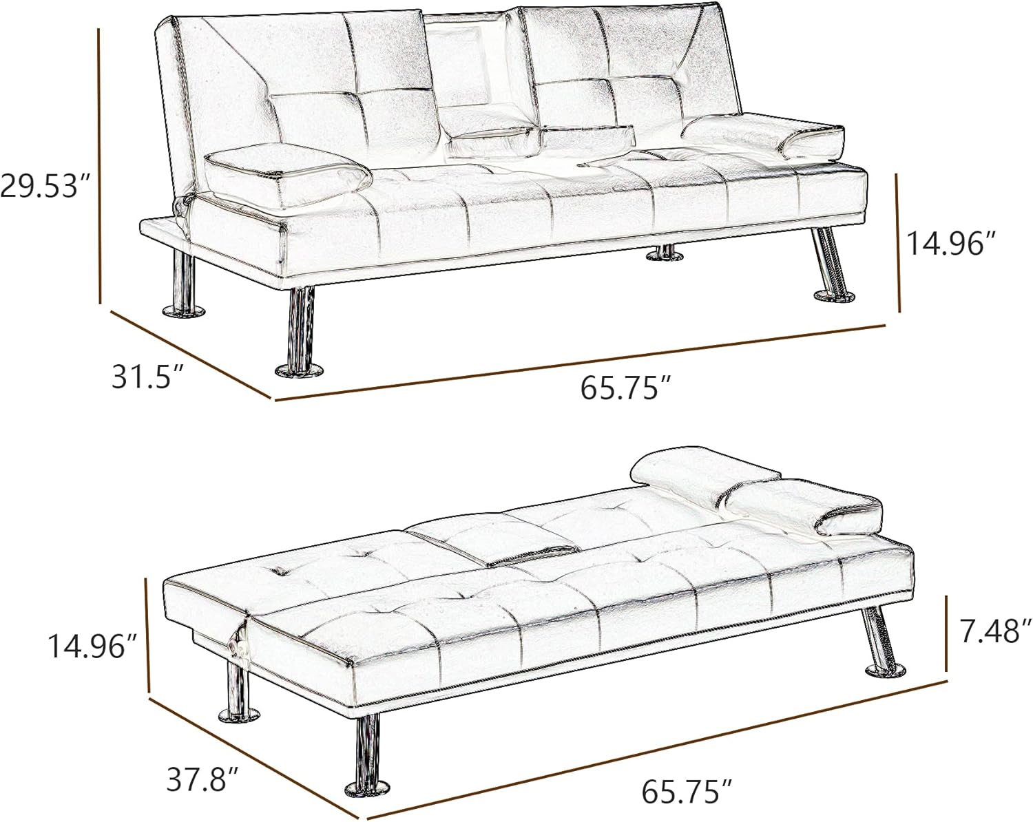 Faux Leather Loveseat Sofa Bed with Cup Holders Q6690