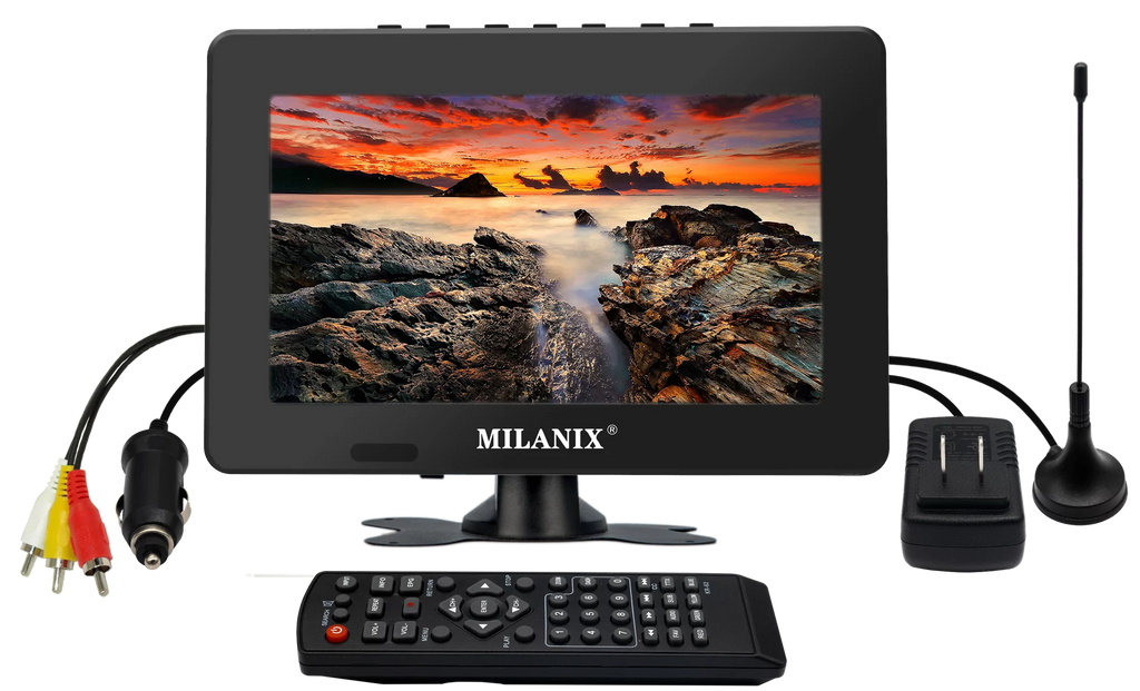 Milanix 7" Portable TV LCD Rechargeable Battery Powered Wireless, AC/DC, Remote Control, USB/SD Card Slot, Built in Digital Tuner, FM, and AV Inputs