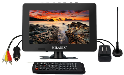 Milanix 7" Portable TV LCD Rechargeable Battery Powered Wireless, AC/DC, Remote Control, USB/SD Card Slot, Built in Digital Tuner, FM, and AV Inputs