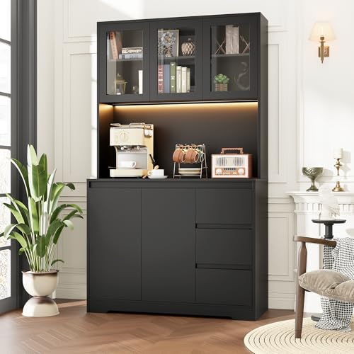 71" Kitchen Pantry Cabinet with LED Lights and Charging Station, Modern Storage and Microwave Stand Q636690