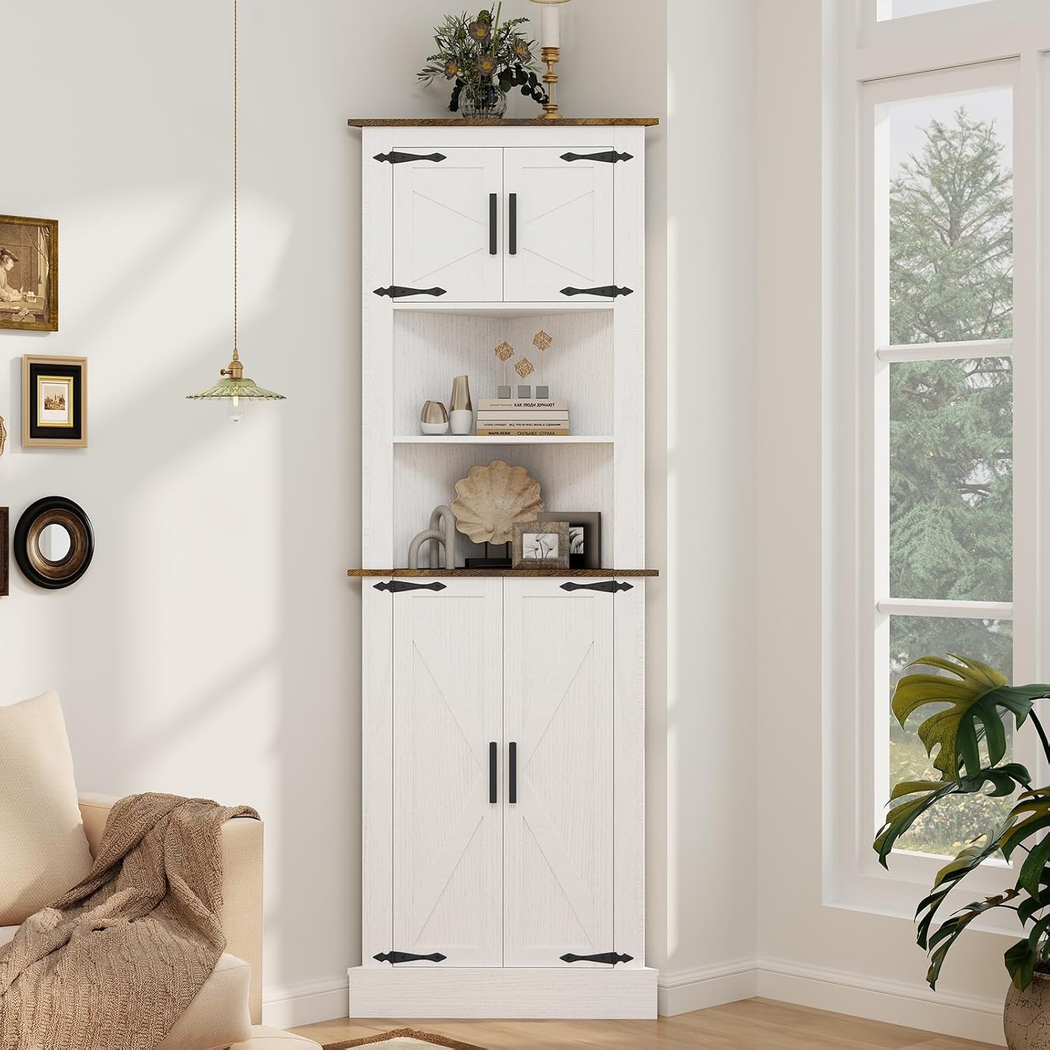 ELECWISH Tall Corner Cabinet, 68" Farmhouse Bathroom Storage Cabinet, 5-Tier Kitchen Pantry Corner Cabinet with 4 Barn Doors & Adjustable Shelves,Home Space Saver, White