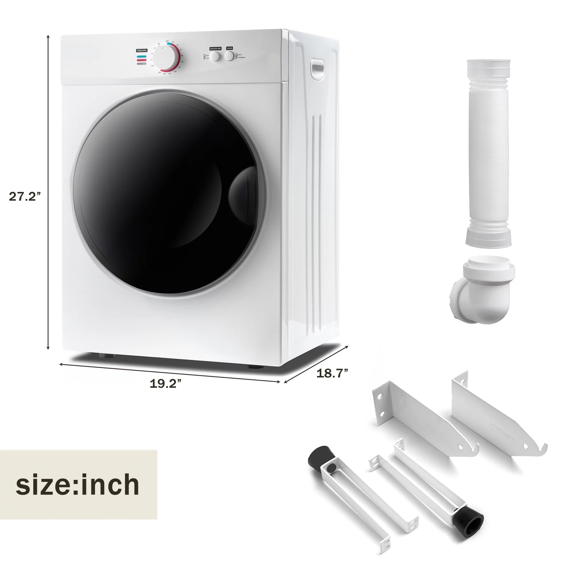 Compact Portable Laundry Dryer, 1020W, 1.41cu ft, Stainless Steel Tub, Wall Mount Kit, White O19644