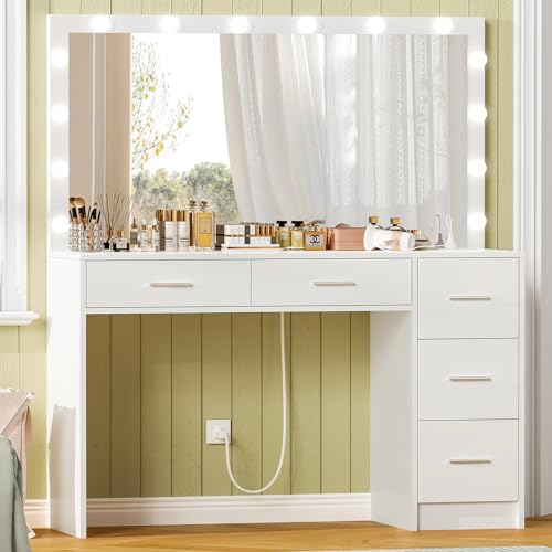Vanity Desk with Lighted Mirror, 7 Drawers, 3 Lighting Colors, White X572