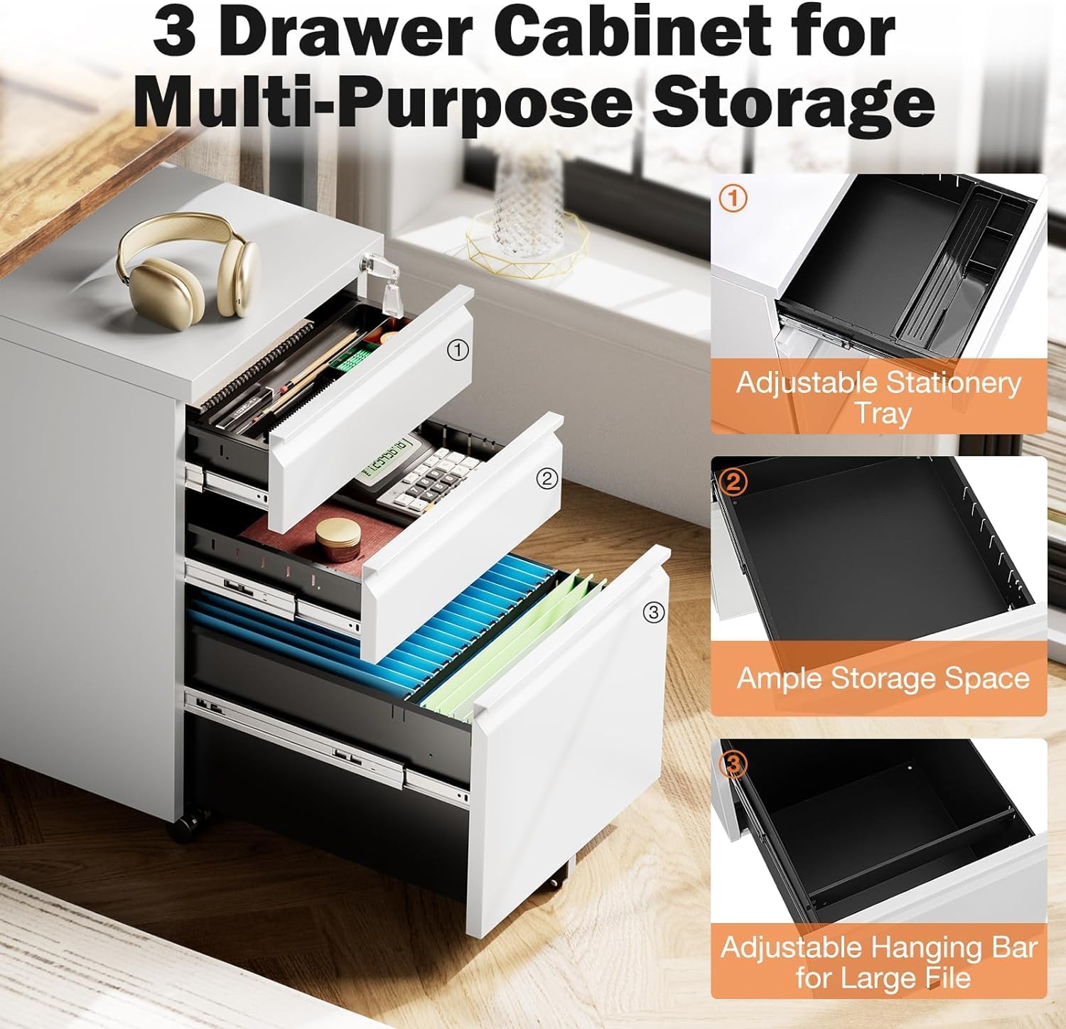 Locking 3-Drawer Filing Cabinet for Home Office, A4/Letter/Legal, Matte White P640874