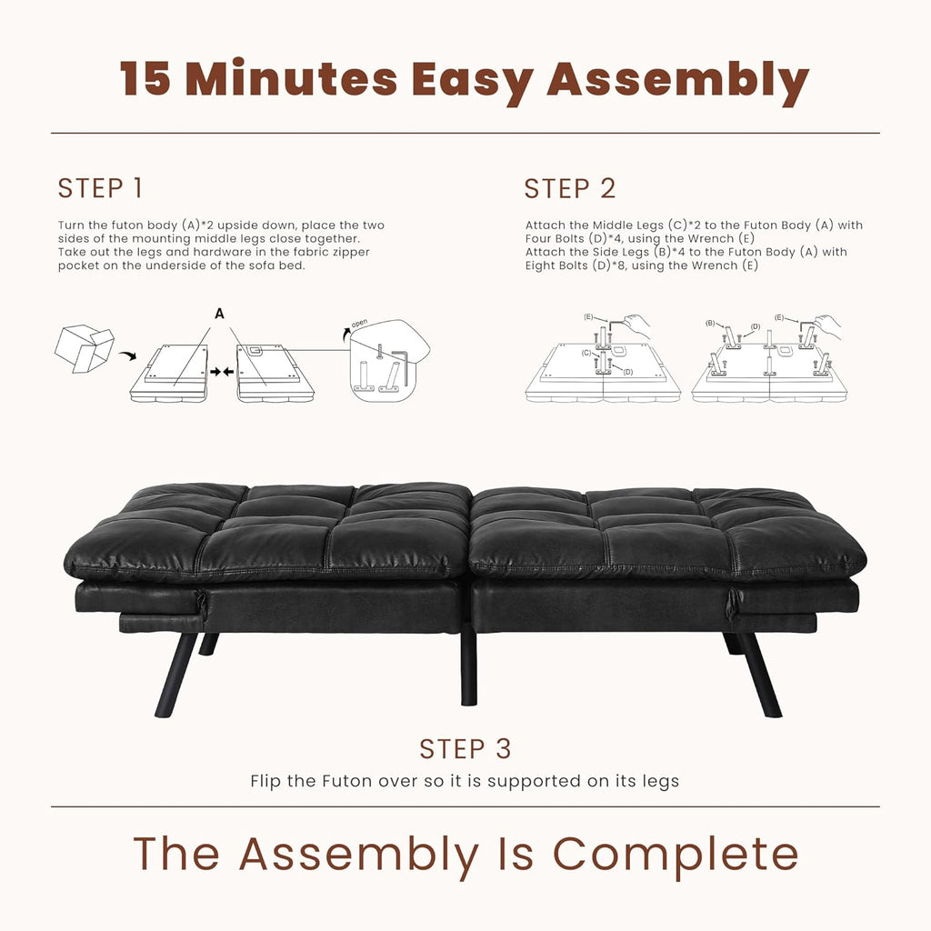Leather Futon Sofa Bed for Living Room, Black E579