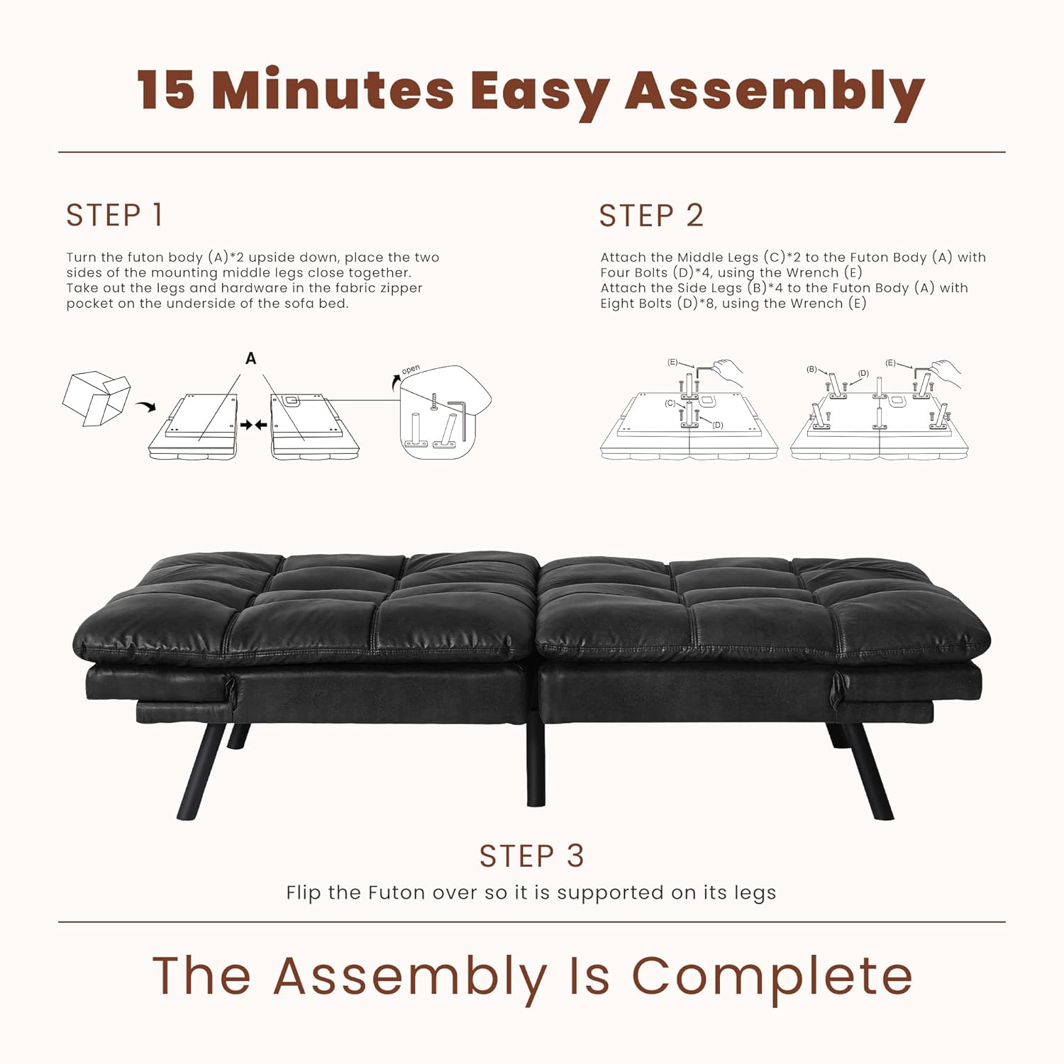 Leather Futon Sofa Bed for Living Room, Black E579