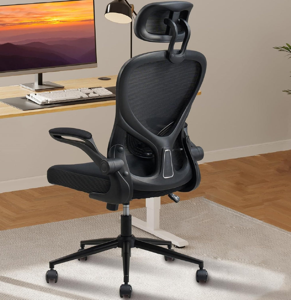 Ergonomic Office Chair, High Back Office Desk Chair with S-Shaped Backrest, Adjustable Lumbar Support, Headrest, Flip-up Armrest, Mesh Computer Chair for Home Office（Black）