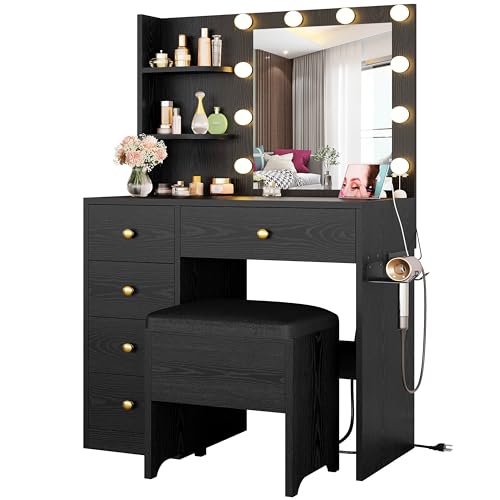 Vanity Desk with Mirror and Lights, 5 Drawers, Power Outlet, Stool C1758
