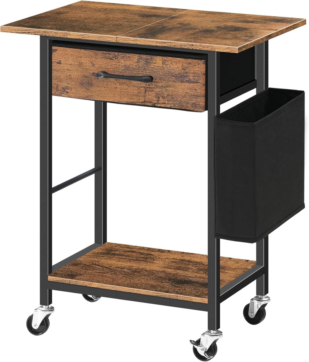 Printer Stand with Storage Drawer, 2-Tier Under Desk Printer Table with Side Bag for Home Office, Rolling Printer Cart with Lockable Wheels, Heavy Duty Storage Rack, Rustic Brown PTHR5601